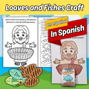 Op de afbeelding: Een kleurrijk knutselproject getiteld "Loaves and Fishes Craft". De afbeelding toont illustraties van Jezus, manden, brood en vissen. Tekst in het Engels en Spaans beschrijft het verhaal van het voeden van meer dan 5.000 mensen. De knutsel bevat instructies en uitgesneden elementen.