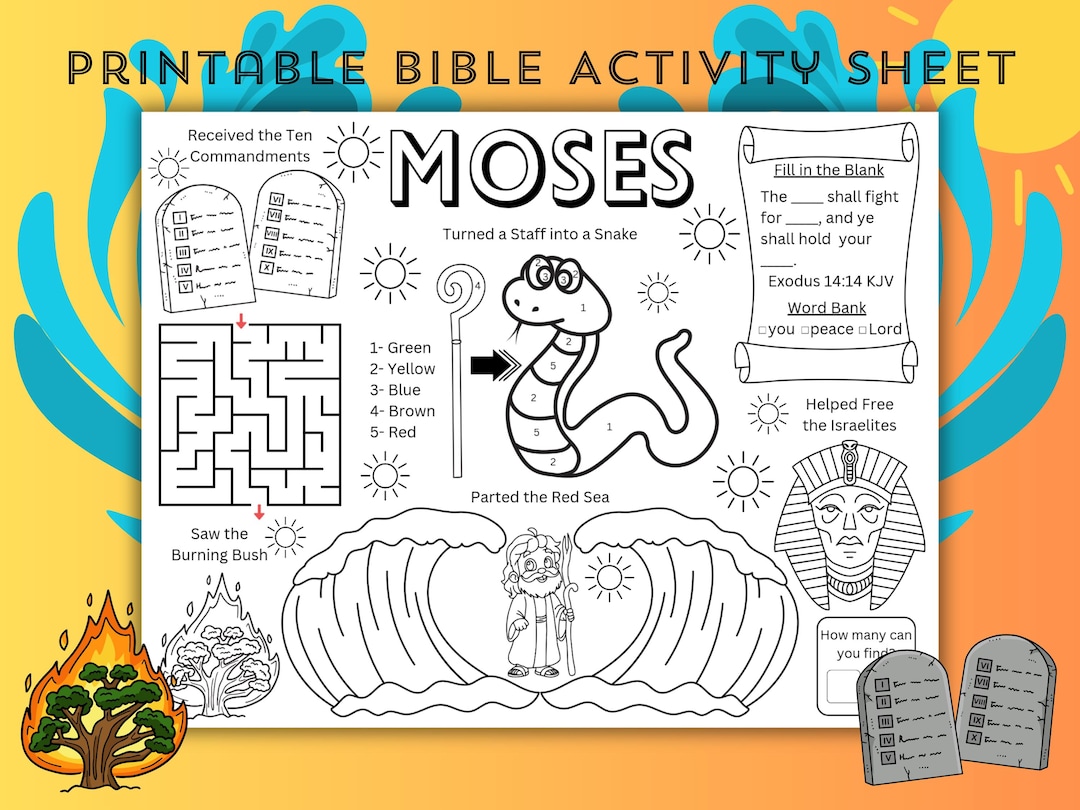 Moses Kids Activity Sheet, Bible Story Coloring Activity Page, Moses ...