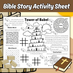 Tower of Babel Activity Sheet, Bible Story Coloring Activity Page, Tower of Babel Activity Placemat, Tower of Babel Bible Lesson Printable