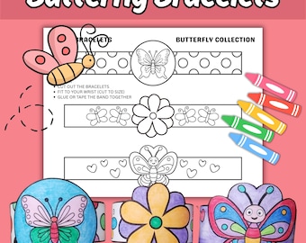 Butterfly Paper Bracelets Printable Craft for Kids Butterfly Themed Paper Jewelry Coloring Bracelet Activity for Classroom or Birthday Party
