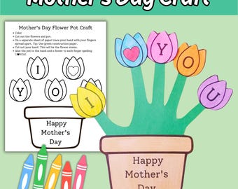 Mother&#39;s Day Flower Pot Craft Printable Activity for Kids Mother&#39;s Day Keepsake Gift, Color Cut and Paste Children&#39;s Classroom Craft for Mom