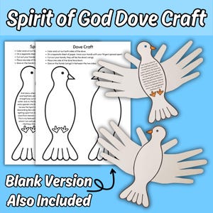 以下が含まれることがあります： 「Spirit of God Dove Craft」というタイトルのクラフトプロジェクトで、説明と鳩のテンプレートが付属しています。画像には、手のような形の翼を持つ鳩の切り抜きと、「Blank Version Also Included」というテキストが表示されています。