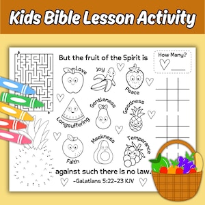 Fruit of the Spirit Coloring Activity Placemat Printable for Kids Christian Sunday School Bible Lesson Galatians 5:22-23 KJV Activity Sheet