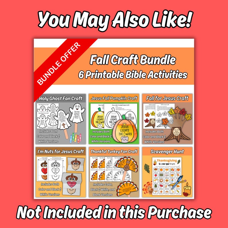 May include: A digital graphic titled Fall Craft Bundle 6 Printable Bible Activities featuring six distinct craft projects including a Holy Ghost fan, Jesus pumpkin, Fall for Jesus tree, acorn craft, turkey fan, and a Thanksgiving scavenger hunt.