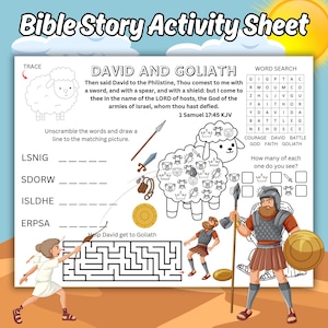 David and Goliath Kids Printable Activity Sheet, Bible Story Coloring Activity Page, David and Goliath Sunday School Activity