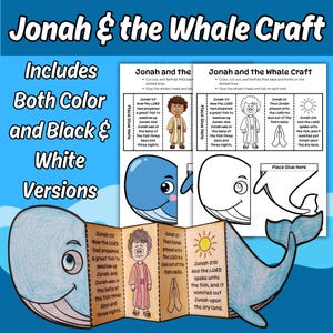 May include: A Jonah and the Whale craft activity sheet featuring both color and black and white versions. The paper craft includes a foldable accordion-style design with illustrations of Jonah, a whale, a sun, and printed biblical text passages.