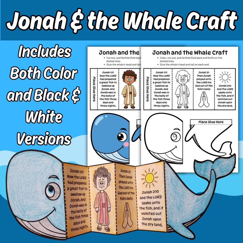 May include: A Jonah and the Whale craft activity sheet featuring both color and black and white versions. The paper craft includes a foldable accordion-style design with illustrations of Jonah, a whale, a sun, and printed biblical text passages.