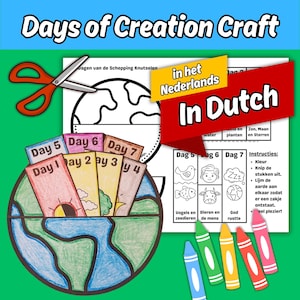Könnte beinhalten: Ein farbenfrohes Bastelprojekt mit dem Titel "Days of Creation Craft" mit dem Text "In Dutch". Das Bild zeigt einen Globus, Buntstifte, eine Schere und Karten mit den Schöpfungstagen. Das Basteln ist für Kinder.