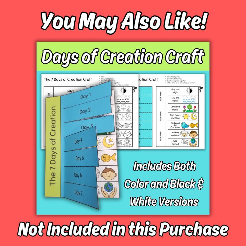 K&ouml;nnte beinhalten: Ein Bastelbogen zu den Tagen der Sch&ouml;pfung mit sieben blauen Papierklappen, beschriftet von Day 1 bis Day 7. Der Text lautet The 7 Days of Creation, You May Also Like!, Includes Both Color and Black & White Versions und Not Included in this Purchase.