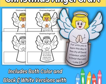 May include: A Christmas Angel craft kit featuring printable templates of an angel with yellow hair, a gold halo, and blue-outlined wings. The set includes colour and black-and-white versions, with some designs displaying the Bible verse Luke 2:11.