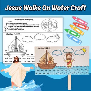 Könnte beinhalten: Eine druckbare Bastelaktivität für Kinder, die Jesus zeigt, wie er auf dem Wasser geht. Die Bastelaktivität enthält eine Malvorlage von Jesus, der auf dem Wasser geht, ein Boot mit zwei Jüngern sowie Sonne und Wolken. Die Bastelaktivität enthält auch Anweisungen, wie man die Teile ausschneidet und die Bastelaktivität zusammensetzt.