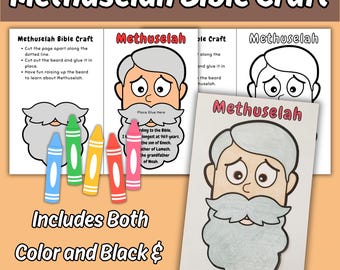 May include: A Methuselah Bible craft activity sheet featuring a cartoon character with a large beard. The set includes both colour and black and white versions with instructions to cut and glue the beard. Five colourful crayons are displayed.