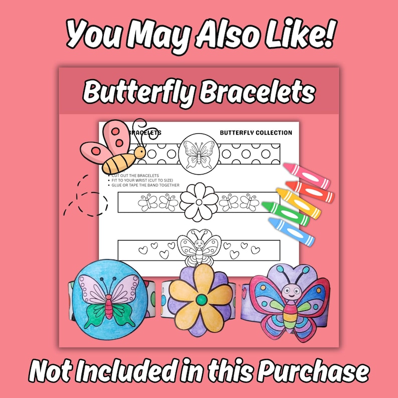 K&ouml;nnte beinhalten: Ein druckbares Aktivit&auml;tsblatt mit dem Titel Butterfly Collection, das drei Armbanddesigns mit Schmetterlings- und Blumenmotiven zeigt. Das Blatt enth&auml;lt Anleitungen und f&uuml;nf Buntstifte. Darunter befinden sich drei fertig ausgemalte Papierarmb&auml;nder.