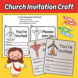 May include: A craft kit with the text "Church Invitation Craft" includes invitation templates, crayons, and a cartoon Jesus figure. The invitations read "You're Invited" and "Please Join Us".