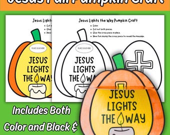 Jesus Lights the Way Pumpkin Craft, Kids Sunday School Bible Lesson Christian Fall Themed Printable Coloring Activity for Children's Church