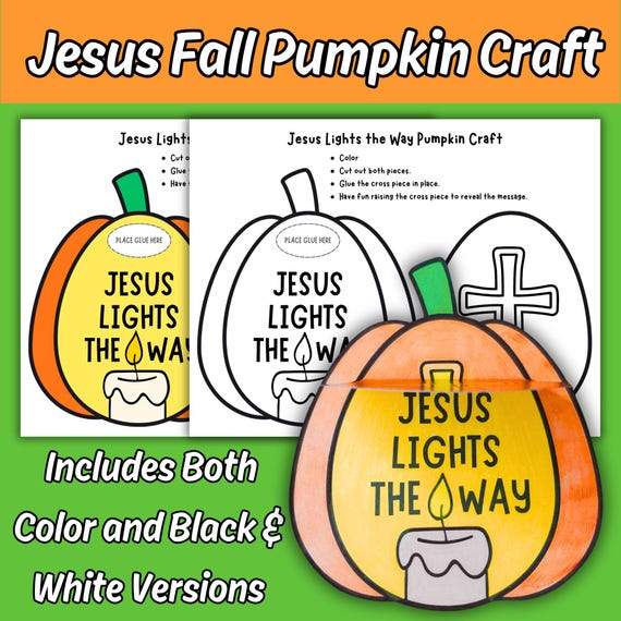 Jesus Lights the Way Pumpkin Craft, Kids Sunday School Bible Lesson Christian Fall Themed Printable Coloring Activity for Children's Church