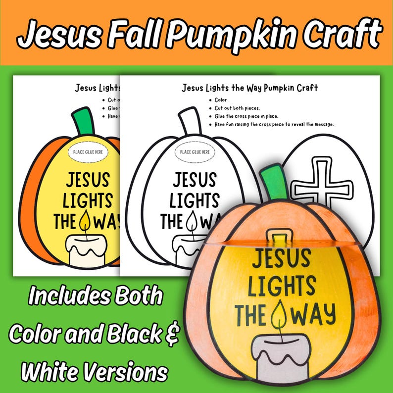 May include: A printable paper craft kit featuring a pumpkin design with the text Jesus Lights The Way and a candle illustration. The set includes both colored and black and white versions with instructions to cut, glue, and assemble the pieces.