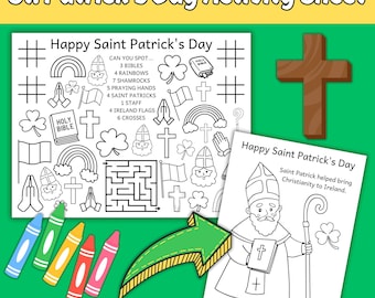 Saint Patrick's Day Coloring Activity Sheets for Kids, St. Patrick's Day Activity Printable Placemat, Saint Patrick Christian Coloring Page