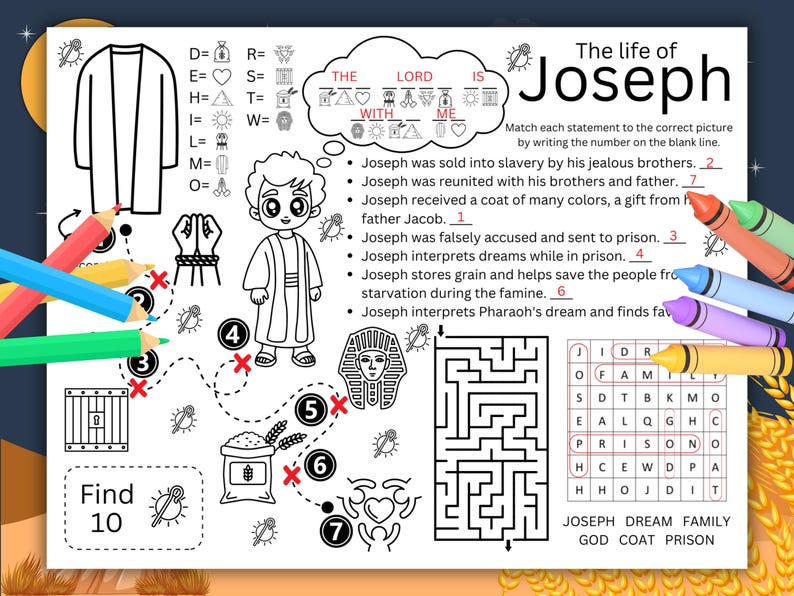 Hoja de actividades imprimible para niños sobre la vida de José el ...