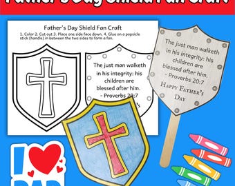 Father&#39;s Day Shield Fan Craft for Kids Sunday School Bible Lesson, Father&#39;s Day Printable Cut and Paste Children&#39;s Church Coloring Activity