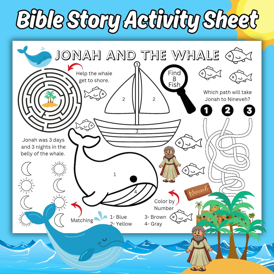 Jonah and the Whale Kids Printable Activity Sheet, Bible Story Coloring ...