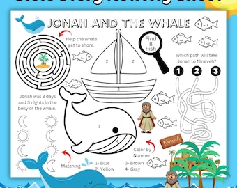Jonah and the Whale Kids Printable Activity Sheet, Bible Story Coloring Activity Page, Jonah and the Whale Sunday School Activity