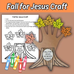 May include: A craft project with the text "Fall for Jesus Craft". The project includes a hand-shaped tree with leaves spelling "JESUS". The image also shows crayons and instructions for the craft.