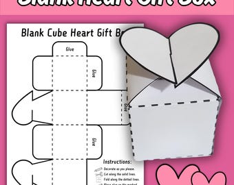 Leeres Herz-Geschenkbox-Würfel-Handwerk für Kinder, druckbare Herz-Lesen-Box-Aktivität, dekorieren Sie Ihre eigene Partybevorzugungsbox, erstellen Sie ein Herzwürfel-Handwerk