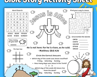 The Resurrection of Jesus Bible Story Lesson Printable Activity Placemat Sheet for Sunday School, Kids Easter Sunday Coloring Activity Page