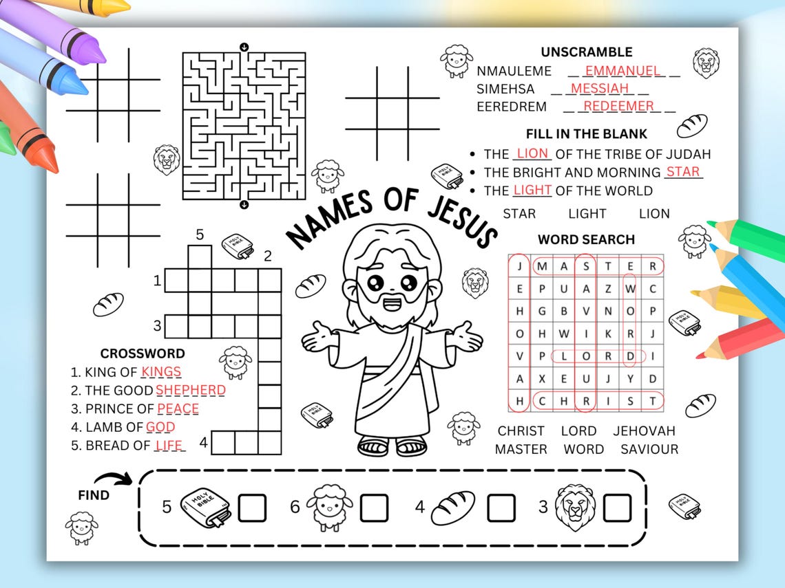 Names of Jesus Kids Activity Sheet, Bible Coloring Activity Page, Jesus ...