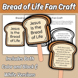 Puede incluir: Un kit de manualidades de abanico Bread of Life con recortes en forma de pan que incluyen el texto Jesus Is the Bread of Life y el versículo John 6:35. El set incluye versiones en color y en blanco y negro con palitos de madera.