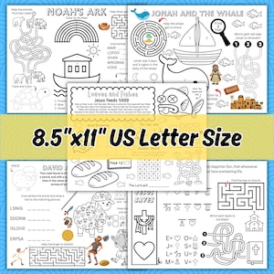 May include: A set of 8.5" x 11" printable colouring pages featuring Bible stories. The pages include activities like mazes, word searches, and colour by number. The stories featured are Noah's Ark, Jonah and the Whale, Loaves and Fishes, David and Goliath, and Jesus Saves.