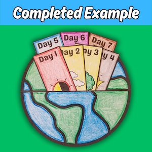 May include: A circular paper craft depicting a globe with blue oceans and green landmasses. Seven rectangular cards are tucked into the top, labelled Day 1 through Day 7. Each card features hand-drawn illustrations including a sun, clouds, and trees.