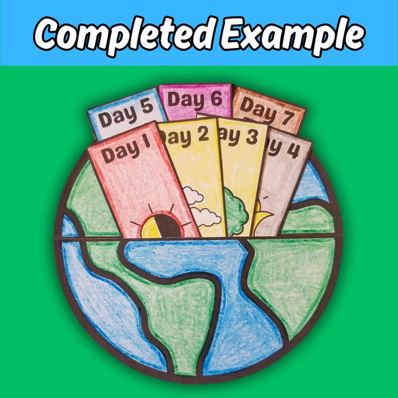 May include: A circular paper craft depicting a globe with blue oceans and green landmasses. Seven rectangular cards are tucked into the top, labelled Day 1 through Day 7. Each card features hand-drawn illustrations including a sun, clouds, and trees.