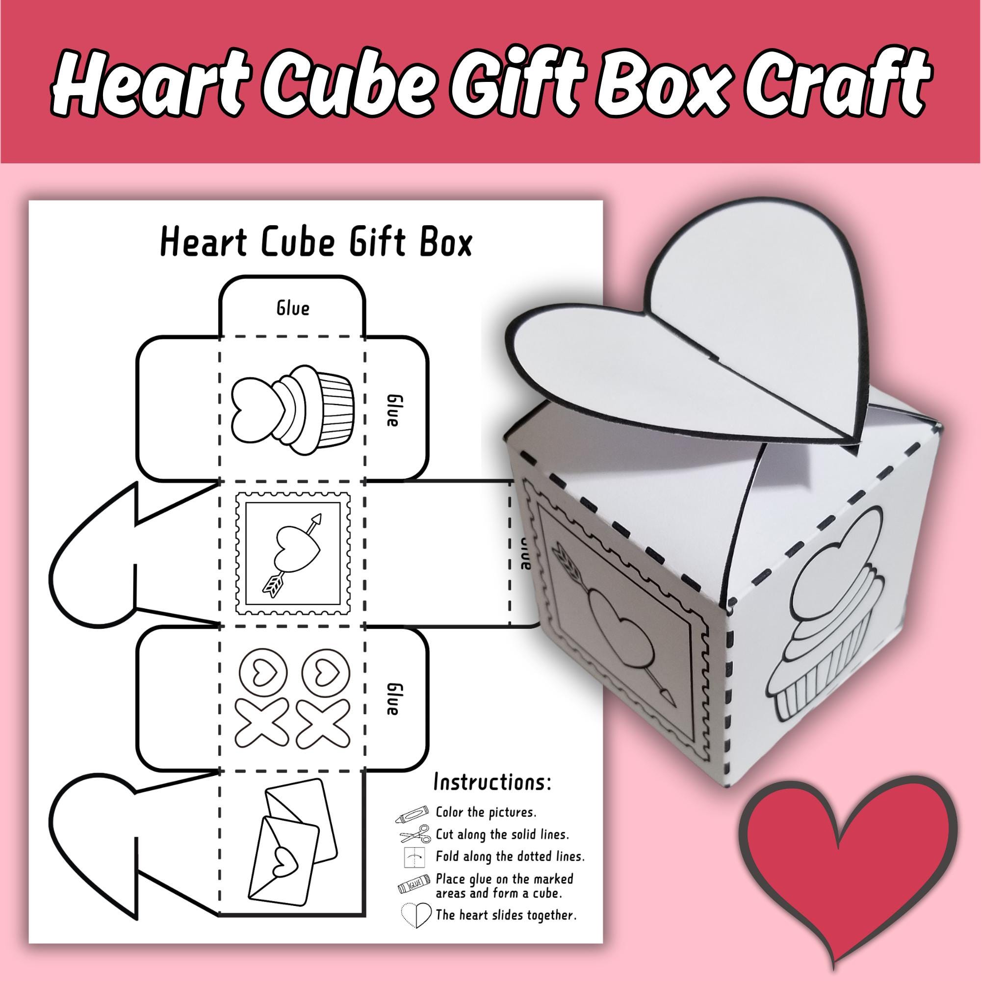 Scatola regalo a forma di cubo a forma di cuore per bambini, attività di colorazione stampabile per San Valentino, scatola per bomboniere, crea un cubo a forma di cuore - Italia
