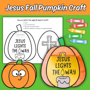 May include: A children's craft project with a pumpkin theme, displaying the text "Jesus Lights the Way." The image shows a coloring page, a finished pumpkin, and crayons. The pumpkin design includes a candle and a cross.