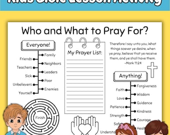Prayer Bible Lesson Activity Sheet for Kids, Who and What to Pray For Sunday School Lesson Printable Coloring Activity Placemat for Children