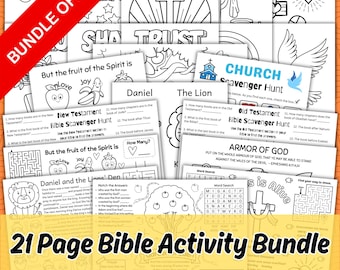 Bible Activity Bundle for Kids, 21 Printable Christian Bible Story Activity Worksheets and Coloring Pages for Sunday School Church Lesson