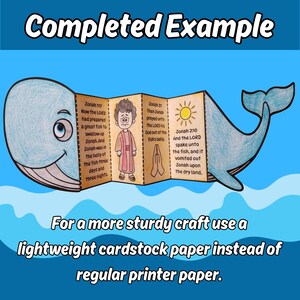 May include: A paper craft featuring a blue whale with an accordion-folded center section. The panels contain illustrations of a person, a sun, and praying hands, along with text from Jonah 1:17, 2:1, and 2:10. The text includes instructions for paper.