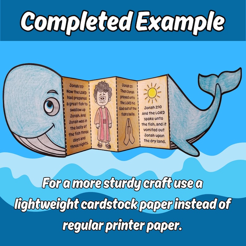 May include: A paper craft featuring a blue whale with an accordion-folded center section. The panels contain illustrations of a person, a sun, and praying hands, along with text from Jonah 1:17, 2:1, and 2:10. The text includes instructions for paper.