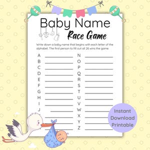 A to Z Baby Name Race Game Baby Shower Party Game, Printable Gender-Neutral Baby Shower Game Sheet, ABC Alphabet Baby Name Party Game Page