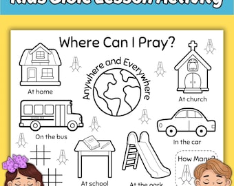 Prayer Bible Lesson Activity Sheet for Kids, Where Can I Pray Sunday School Bible Lesson Printable Coloring Activity Placemat for Children