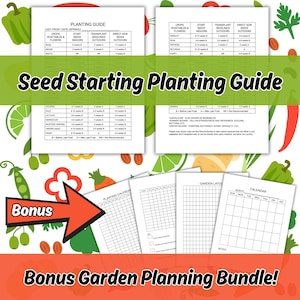 Pu&ograve; includere: Una guida di pianificazione del giardino stampabile con uno sfondo colorato di verdure. La guida include un calendario di semina, un layout del giardino e una guida per l'avvio dei semi. Il testo sulla guida dice "Guida alla semina dei semi" e "Pacchetto di pianificazione del giardino bonus!"
