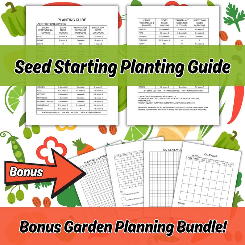 Pu&ograve; includere: Una guida di pianificazione del giardino stampabile con uno sfondo colorato di verdure. La guida include un calendario di semina, un layout del giardino e una guida per l'avvio dei semi. Il testo sulla guida dice "Guida alla semina dei semi" e "Pacchetto di pianificazione del giardino bonus!"