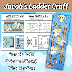 Op de afbeelding: Een printbare Jacob's Ladder knutselactiviteit met zowel kleur- als zwart-witversies. Het ontwerp bevat een bruine ladder, engelen met gele halo's en een slapende figuur, met instructies om de papieren secties te knippen, vouwen en lijmen.
