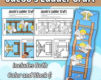 May include: A printable Jacob's Ladder craft activity featuring both color and black and white versions. The design includes a brown ladder, angels with yellow halos, and a sleeping figure, with instructions to cut, fanfold, and glue the paper sections.