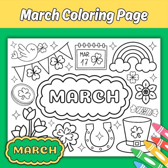 March Coloring Page for Kids, The Month of March Coloring Placemat, Printable Saint Patrick's Day Themed Springtime Coloring Page Activity