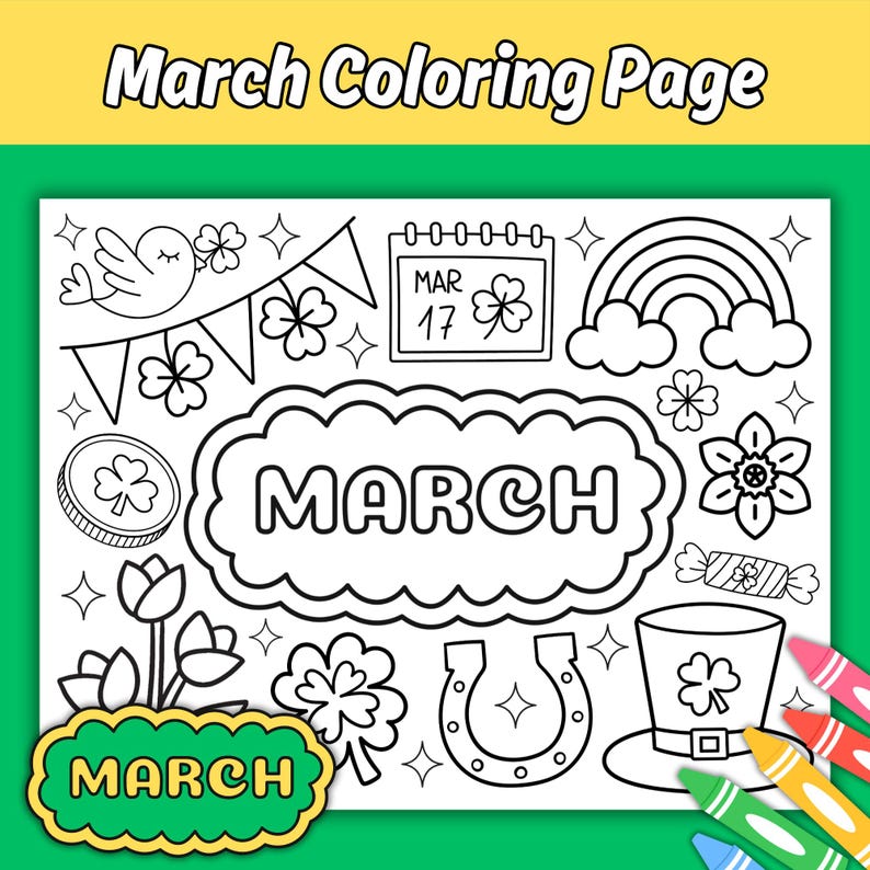 Pagina da colorare di marzo per bambini, tovaglietta da colorare del mese di marzo, attività da colorare primaverile a tema San Patrizio stampabile immagine 1