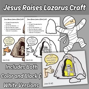 Jesus Raises Lazarus Bible Story Craft Printable for Kids Sunday School Lesson Miracles of Jesus Cut and Paste Church Coloring Activity Page