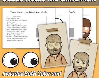 May include: A printable craft kit titled Jesus Heals the Blind Man, featuring instructional sheets with diagrams, black and white outlines of a bearded man, and colored versions. The set includes separate eye pieces to create a sliding mechanism.